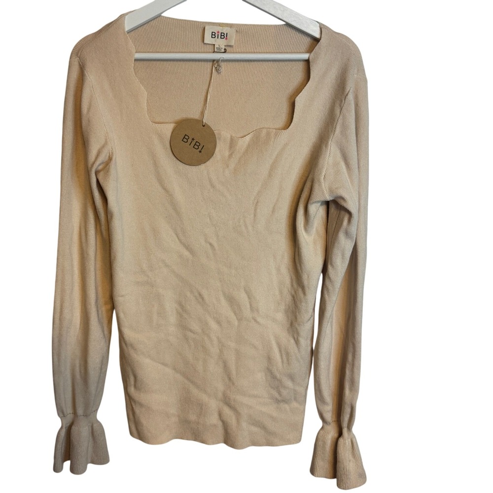 BIBI Sweater Scalloped Square Neck Large Beige Womens Ribbed Bell Sleeve NWT